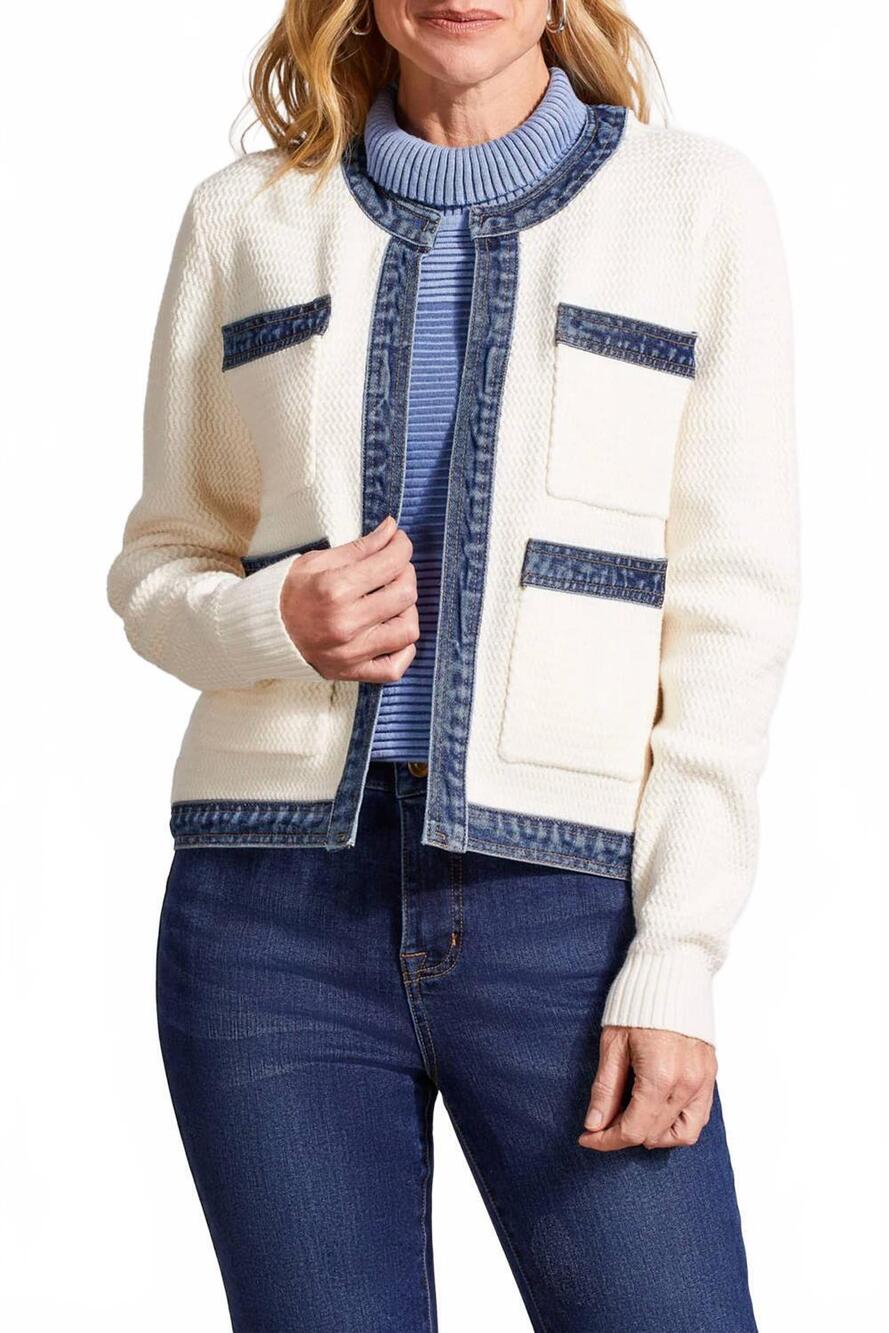 NEW TRIBAL fancy sweater and denim jacket with pockets in eggshell